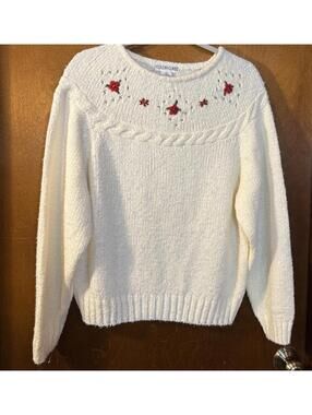 Vintage Color Cues Cream Knit Sweater with Embroidered Floral Detail